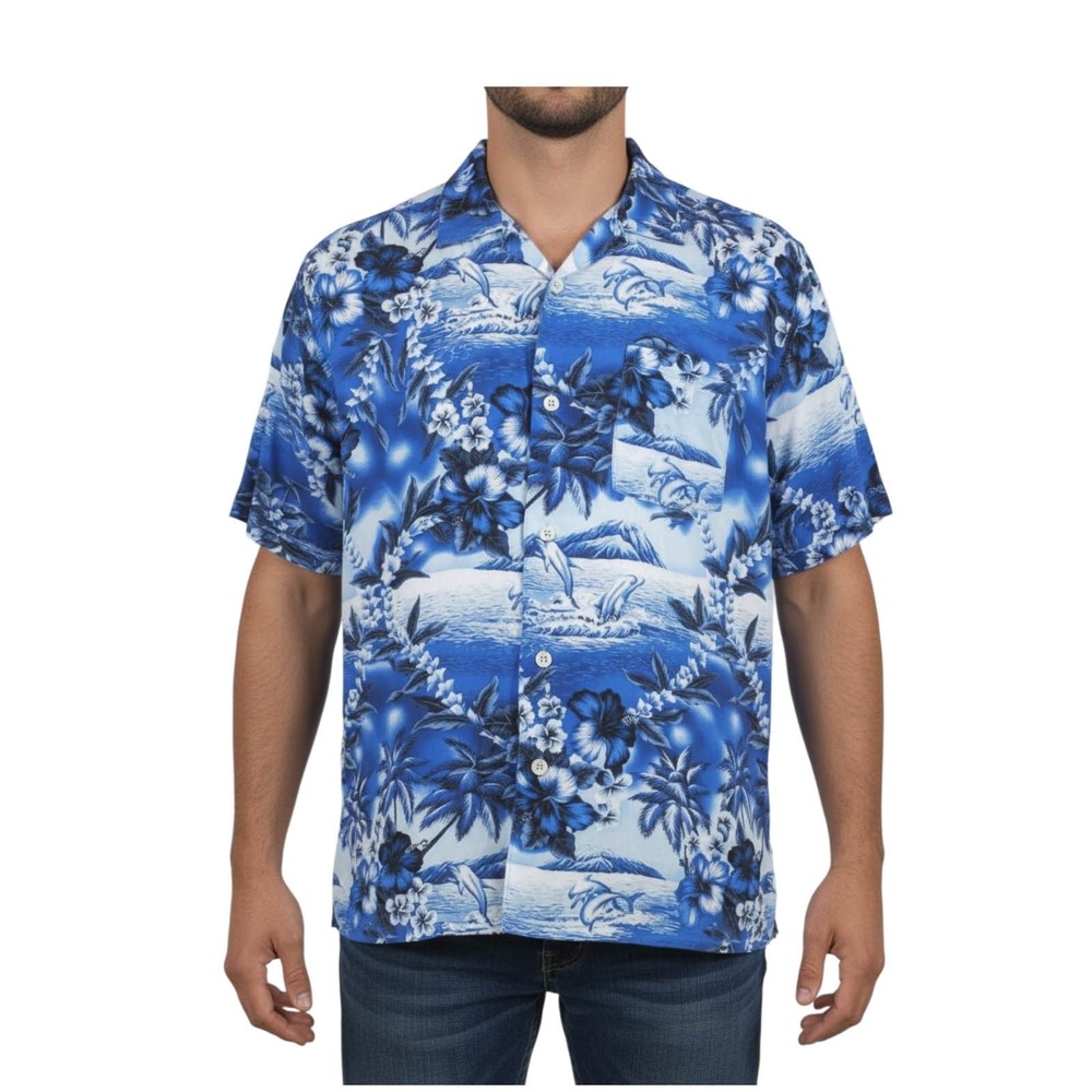 Mens Hawaiian Shirt 3XL Blue Tropical‎ Floral Dolphin Beach Button Up